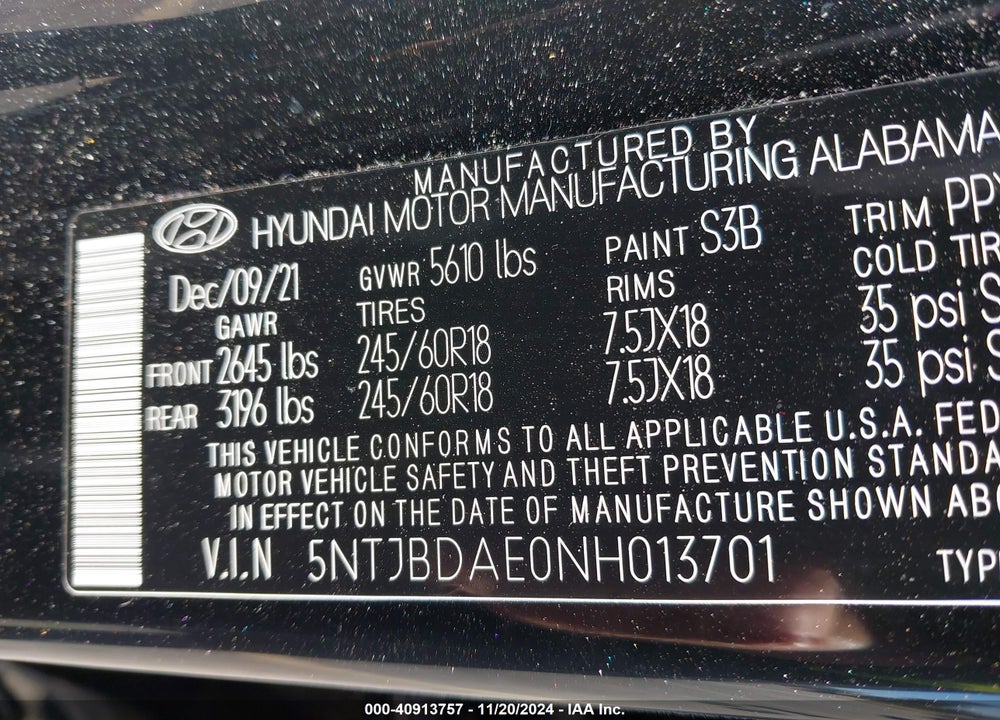 2022 HYUNDAI SANTA CRUZ SEL VIN: 5NTJBDAE0NH013701