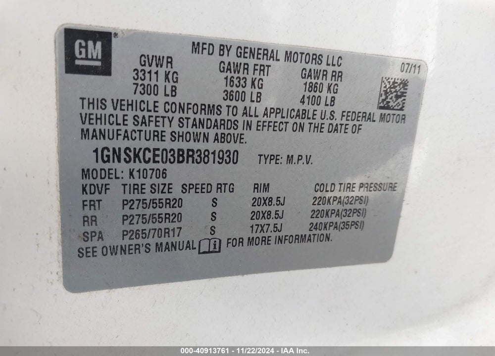 2011 CHEVROLET TAHOE LTZ VIN: 1GNSKCE03BR381930