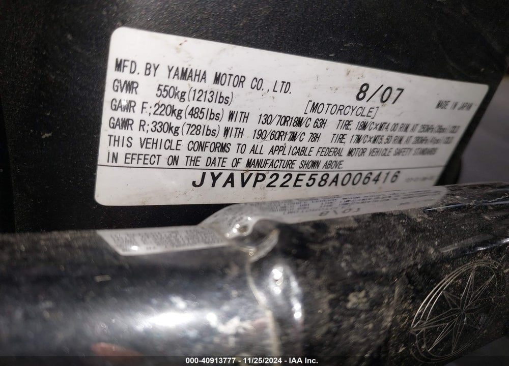 2008 YAMAHA XV1900 CT VIN: JYAVP22E58A006416