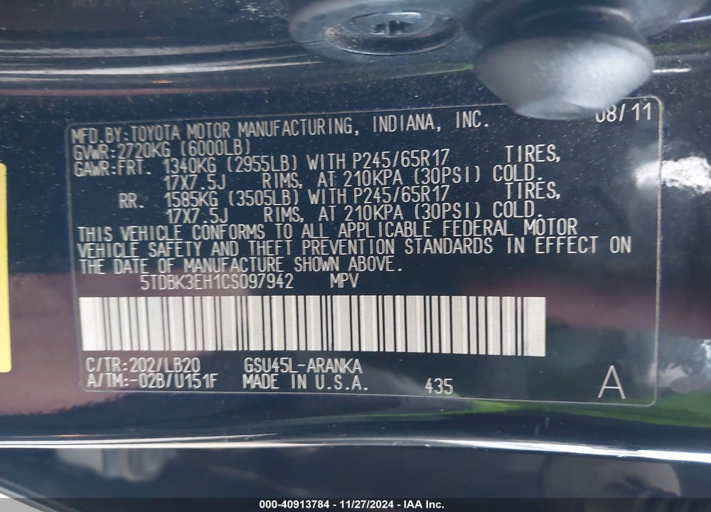 2012 TOYOTA HIGHLANDER SE V6 VIN: 5TDBK3EH1CS097942