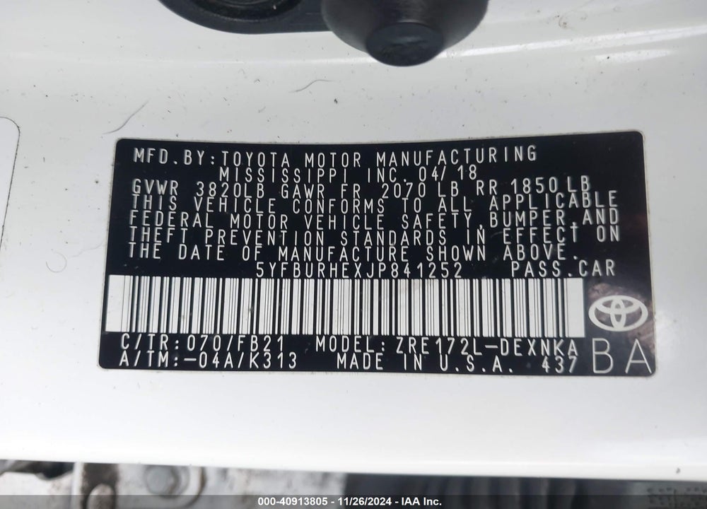 2018 TOYOTA COROLLA LE VIN: 5YFBURHEXJP841252