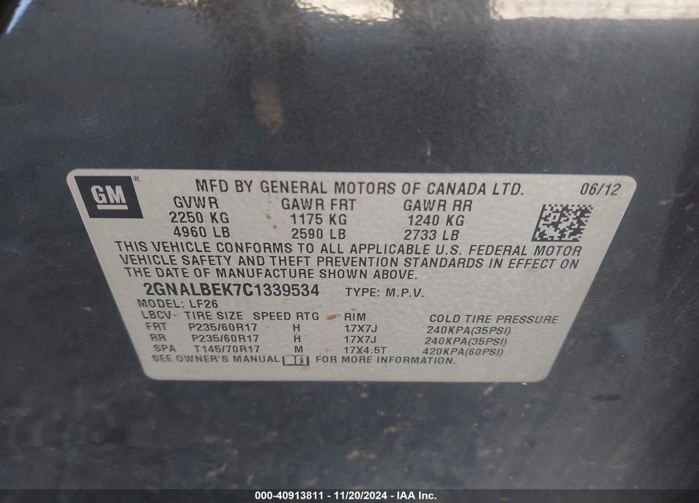 2012 CHEVROLET EQUINOX LS VIN: 2GNALBEK7C1339534
