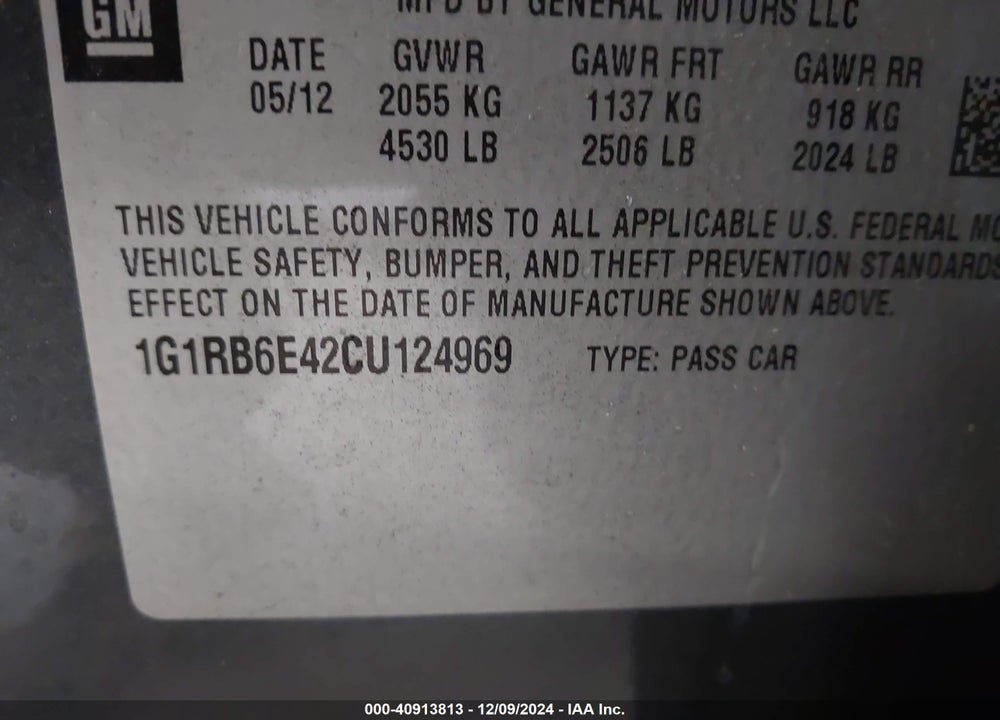 2012 CHEVROLET VOLT VIN: 1G1RB6E42CU124969