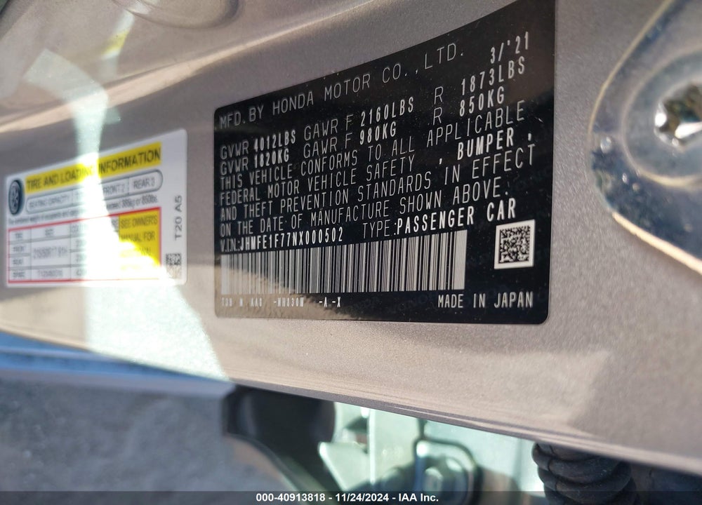 2022 HONDA CIVIC EX VIN: JHMFE1F77NX000502