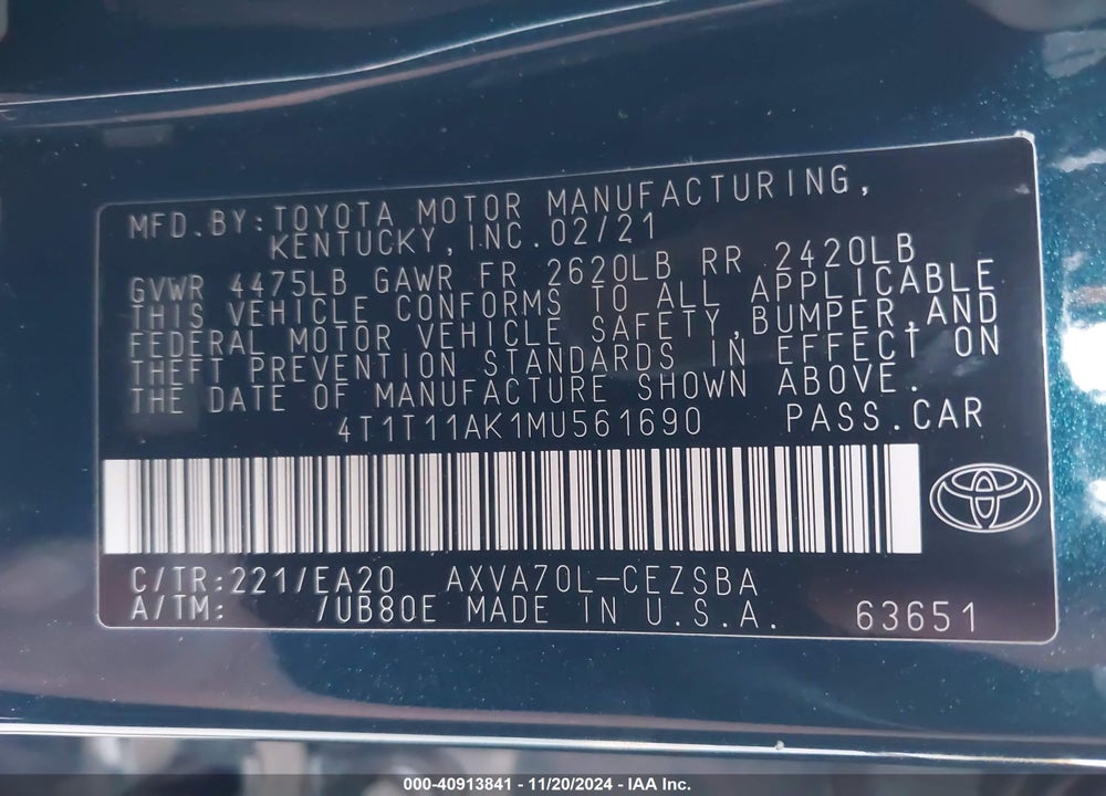 2021 TOYOTA CAMRY SE VIN: 4T1T11AK1MU561690