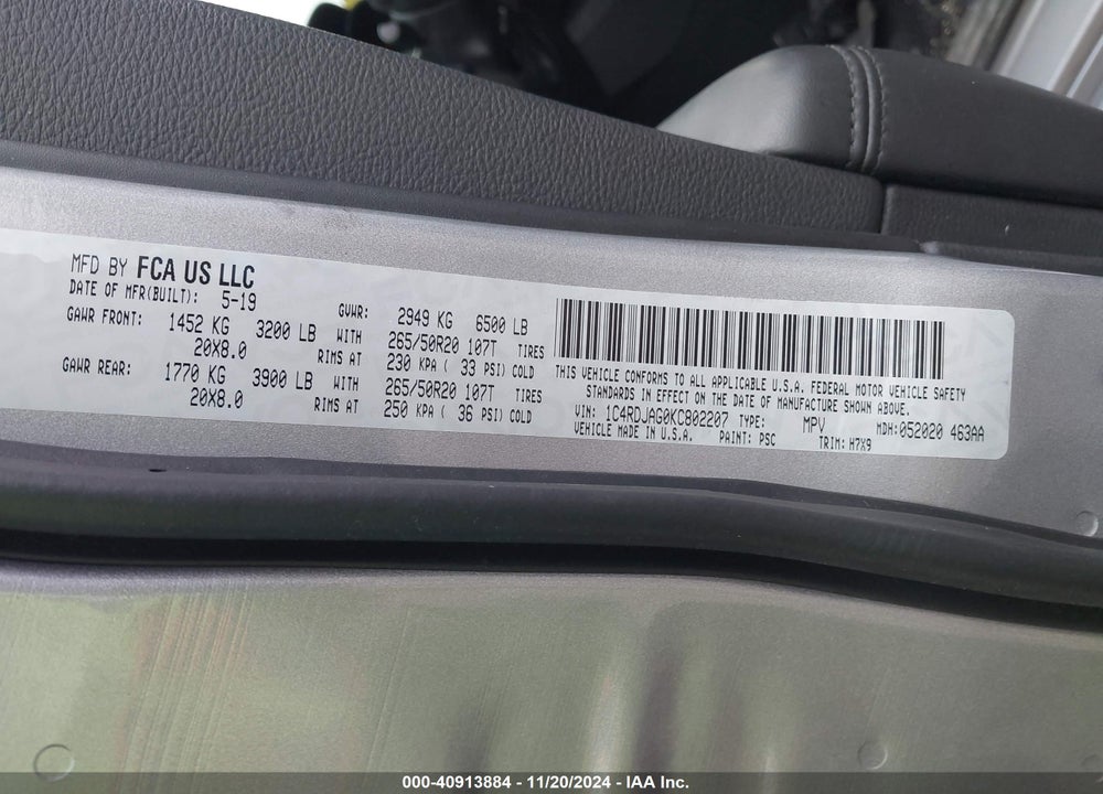 2019 DODGE DURANGO SXT AWD VIN: 1C4RDJAG0KC802207