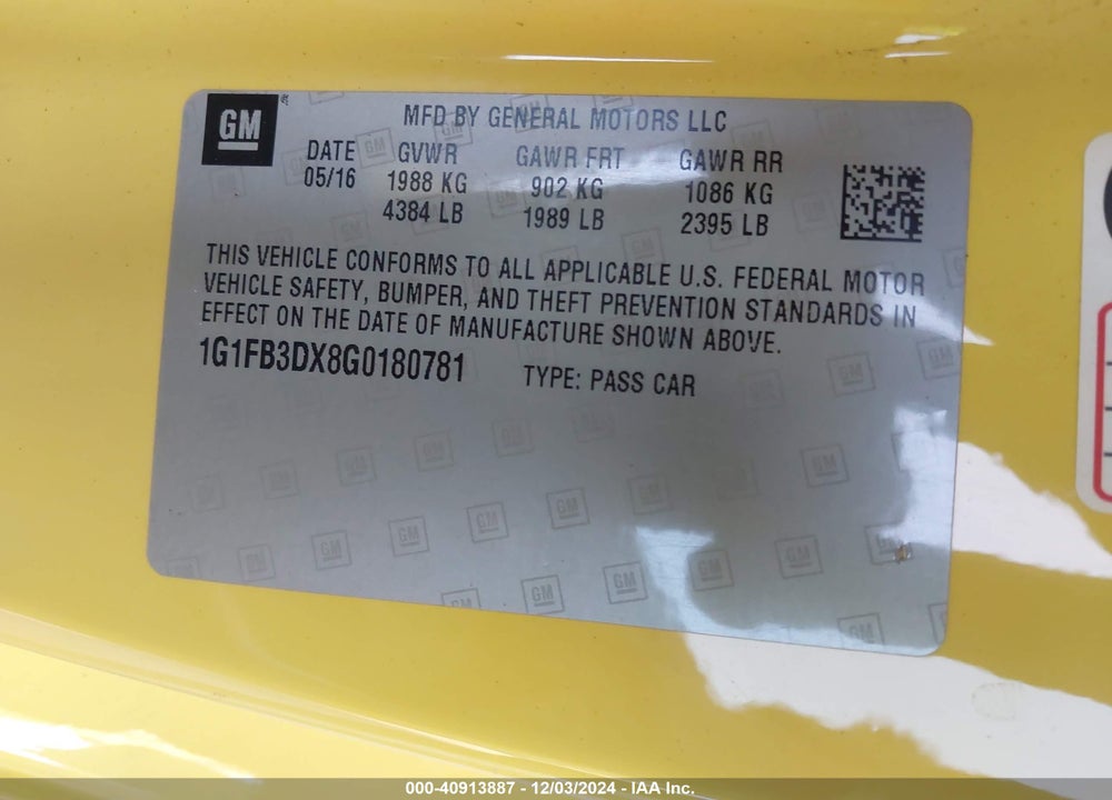 2016 CHEVROLET CAMARO 1LT VIN: 1G1FB3DX8G0180781