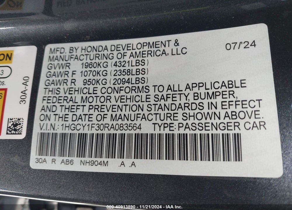 2024 HONDA ACCORD EX VIN: 1HGCY1F30RA083564