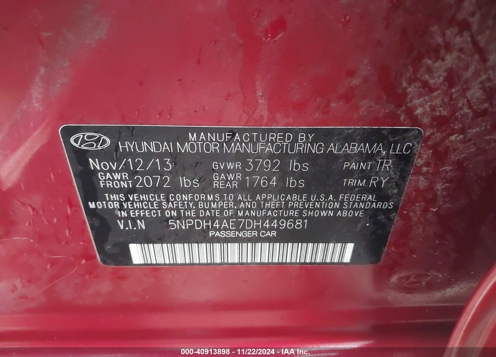 2013 HYUNDAI ELANTRA LIMITED VIN: 5NPDH4AE7DH449681