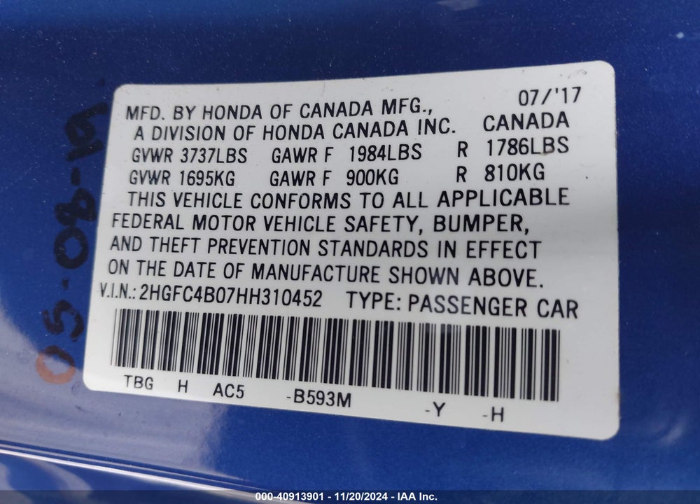 2017 HONDA CIVIC LX-P VIN: 2HGFC4B07HH310452
