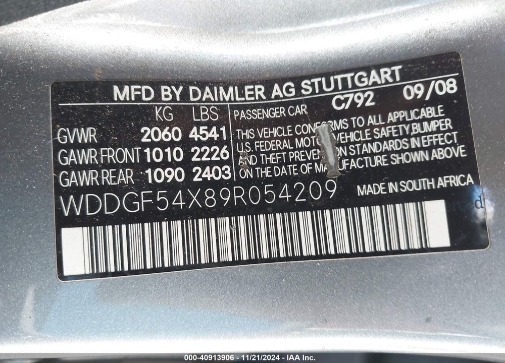 2009 MERCEDES-BENZ C 300 LUXURY/SPORT VIN: WDDGF54X89R054209