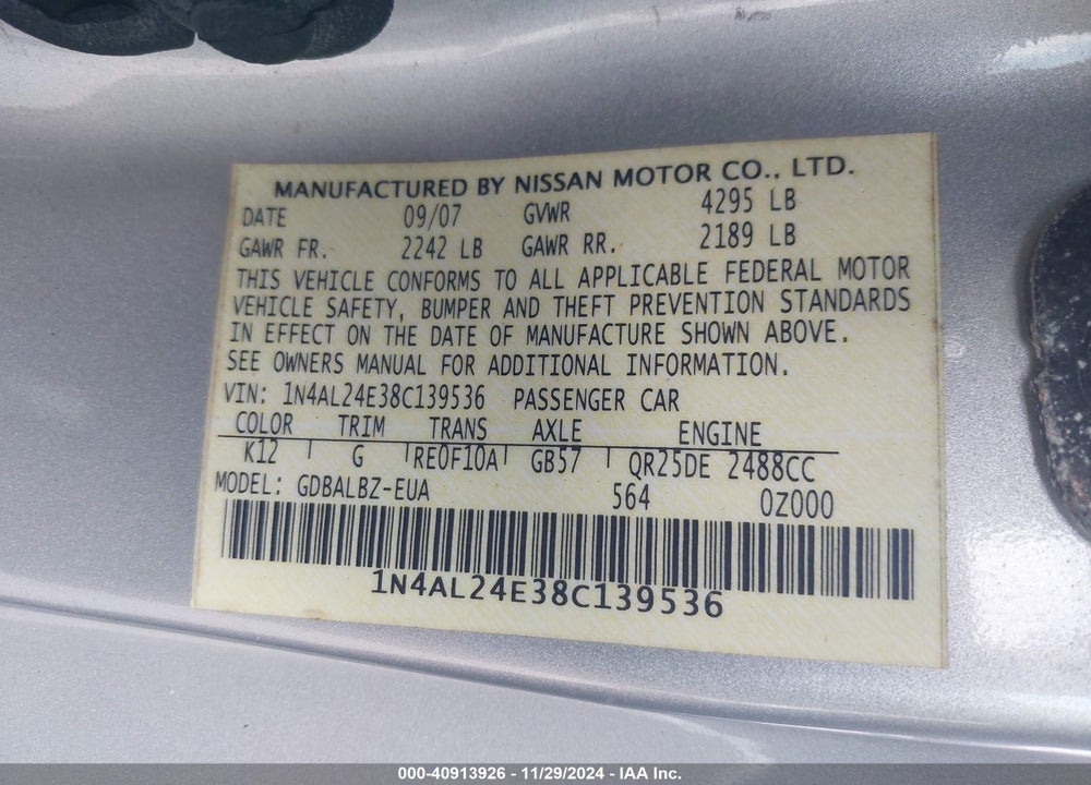 2008 NISSAN ALTIMA 2.5 S VIN: 1N4AL24E38C139536