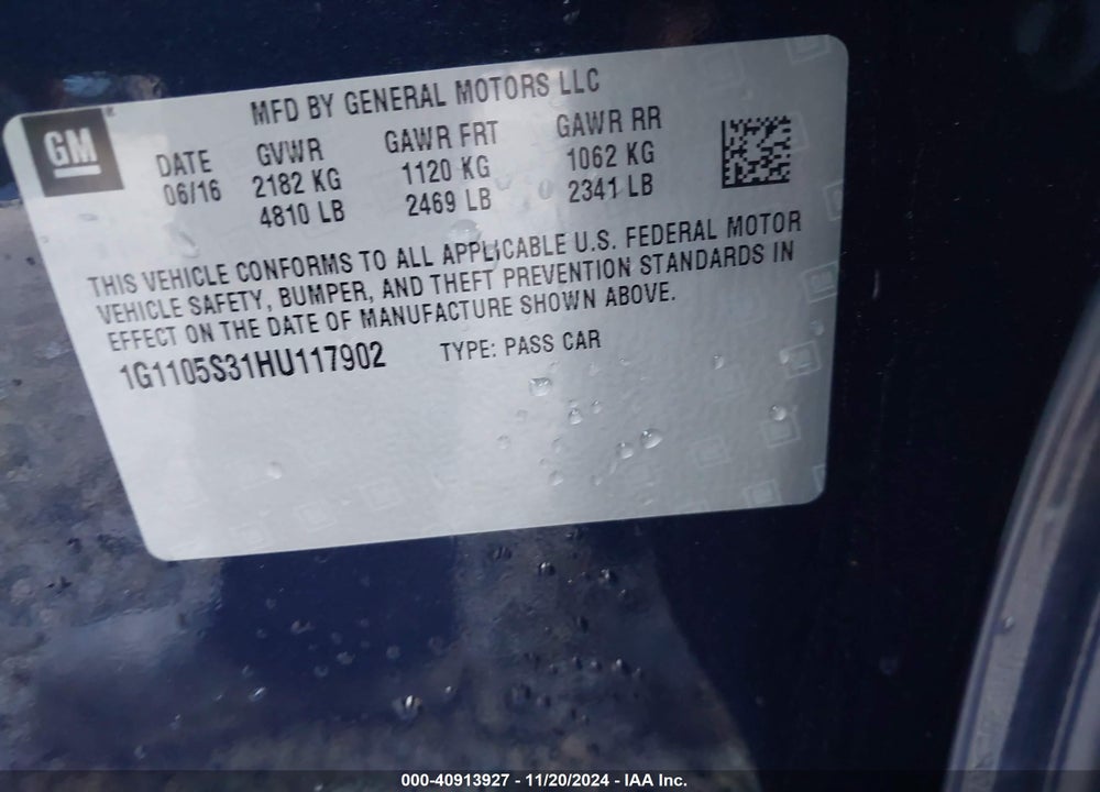 2017 CHEVROLET IMPALA 1LT VIN: 1G1105S31HU117902