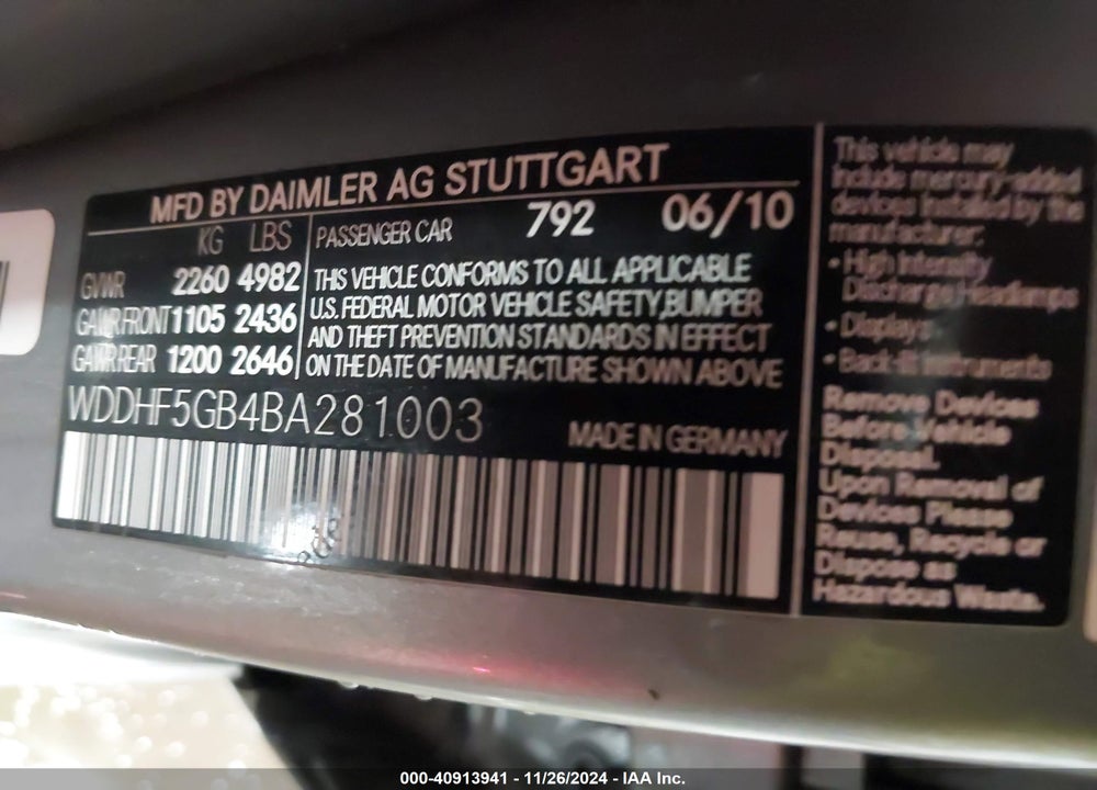 2011 MERCEDES-BENZ E 350 VIN: WDDHF5GB4BA281003