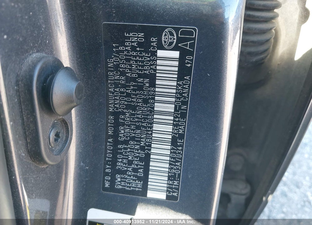 2011 TOYOTA COROLLA S VIN: 2T1BU4EE0BC708198