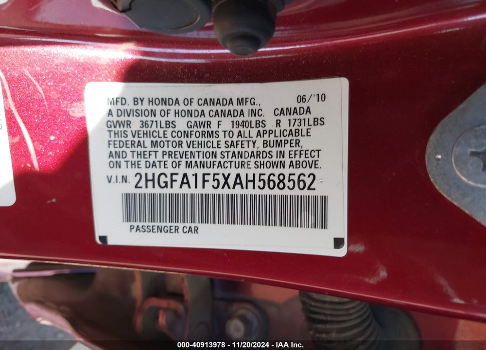 2010 HONDA CIVIC LX VIN: 2HGFA1F5XAH568562