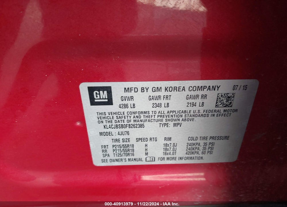 2015 BUICK ENCORE CONVENIENCE VIN: KL4CJBSB0FB262385