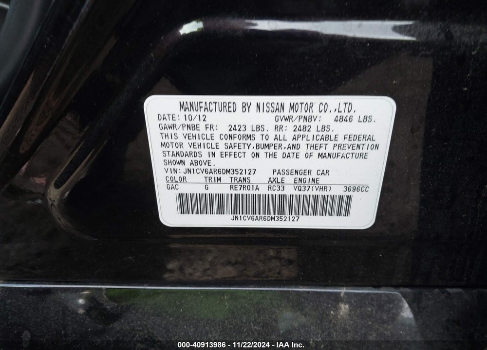 2013 INFINITI G37X VIN: JN1CV6AR6DM352127