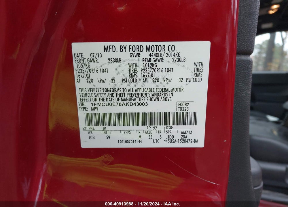 2010 FORD ESCAPE LIMITED VIN: 1FMCU0E78AKD43003