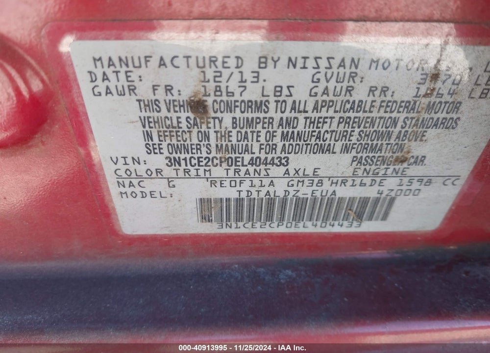 2014 NISSAN VERSA NOTE S (SR)/S PLUS/SV VIN: 3N1CE2CP0EL404433