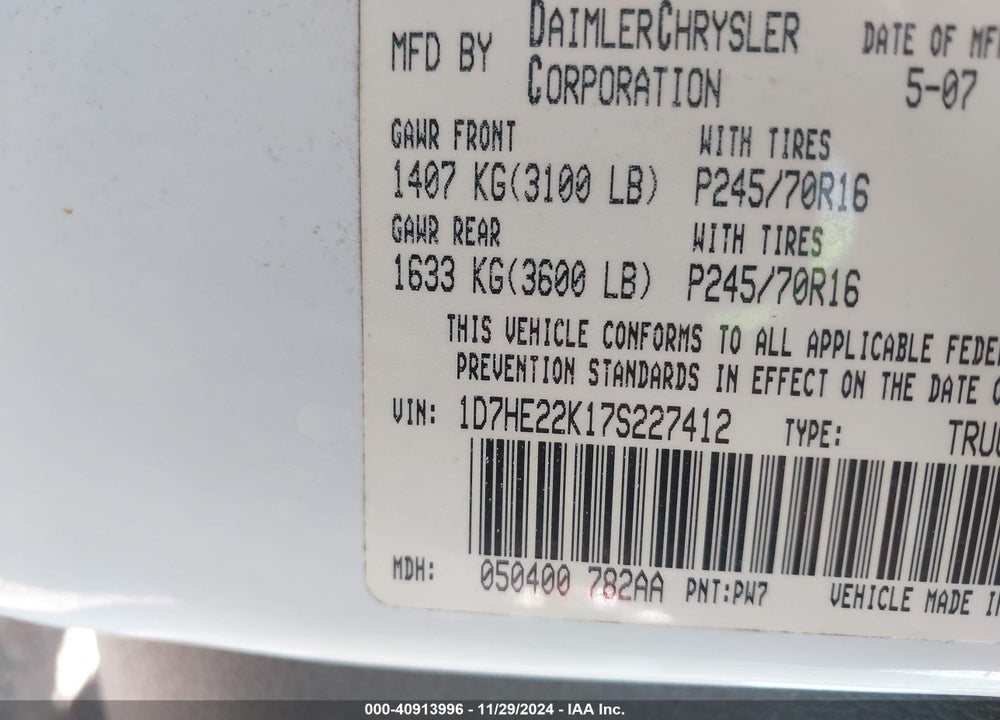 2007 DODGE DAKOTA ST VIN: 1D7HE22K17S227412