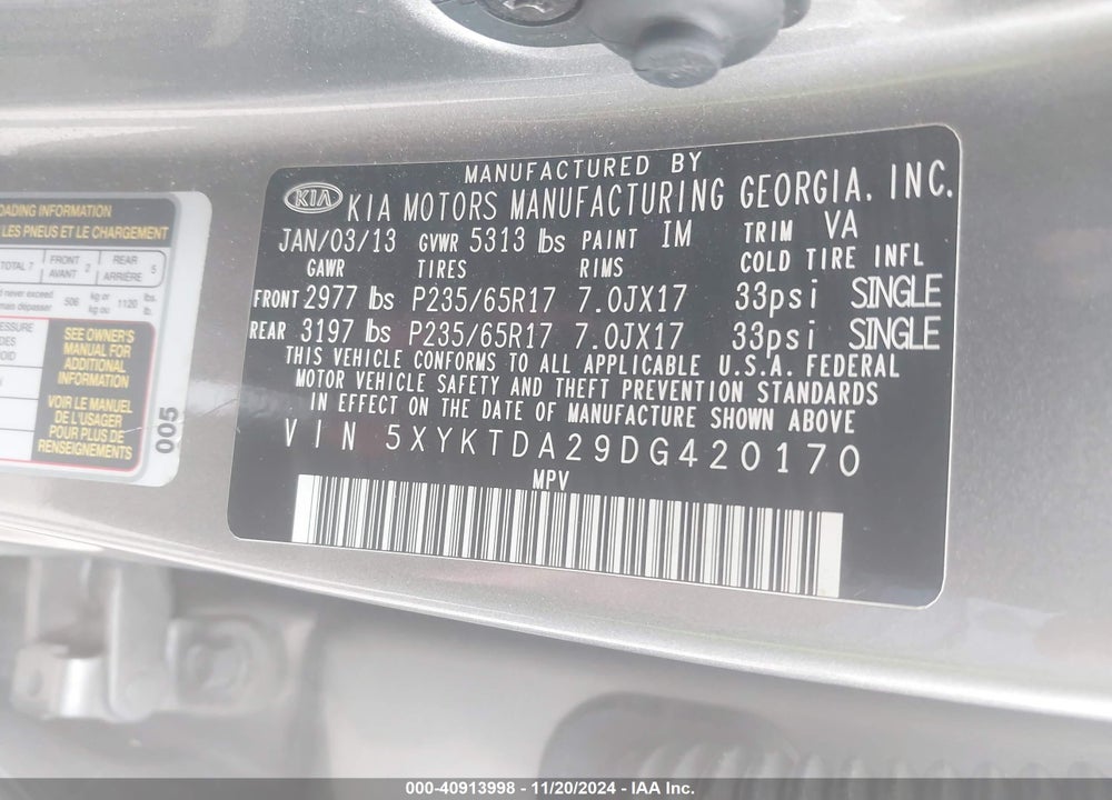 2013 KIA SORENTO LX V6 VIN: 5XYKTDA29DG420170