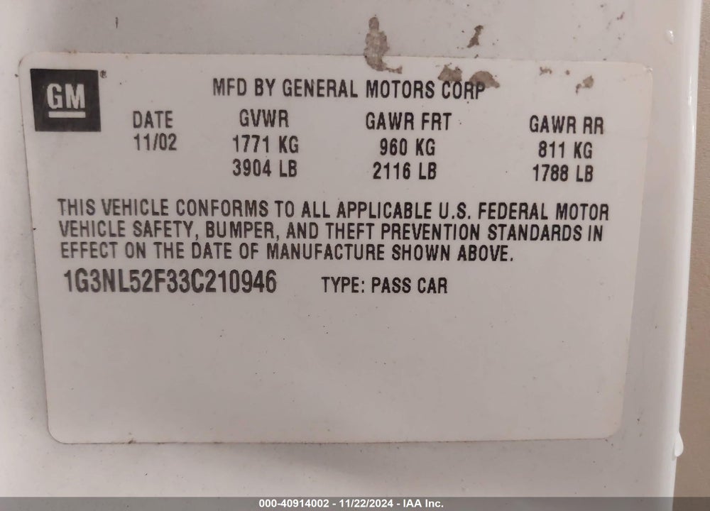 2003 OLDSMOBILE ALERO GL1 VIN: 1G3NL52F33C210946