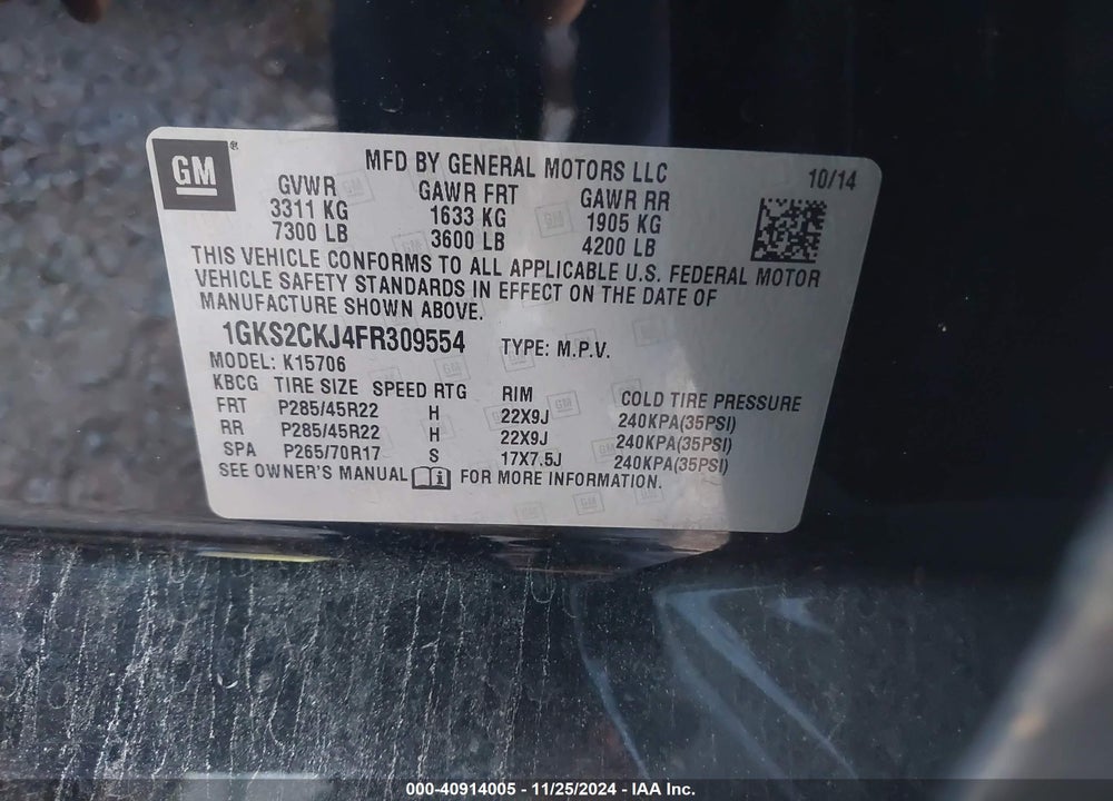 2015 GMC YUKON DENALI VIN: 1GKS2CKJ4FR309554