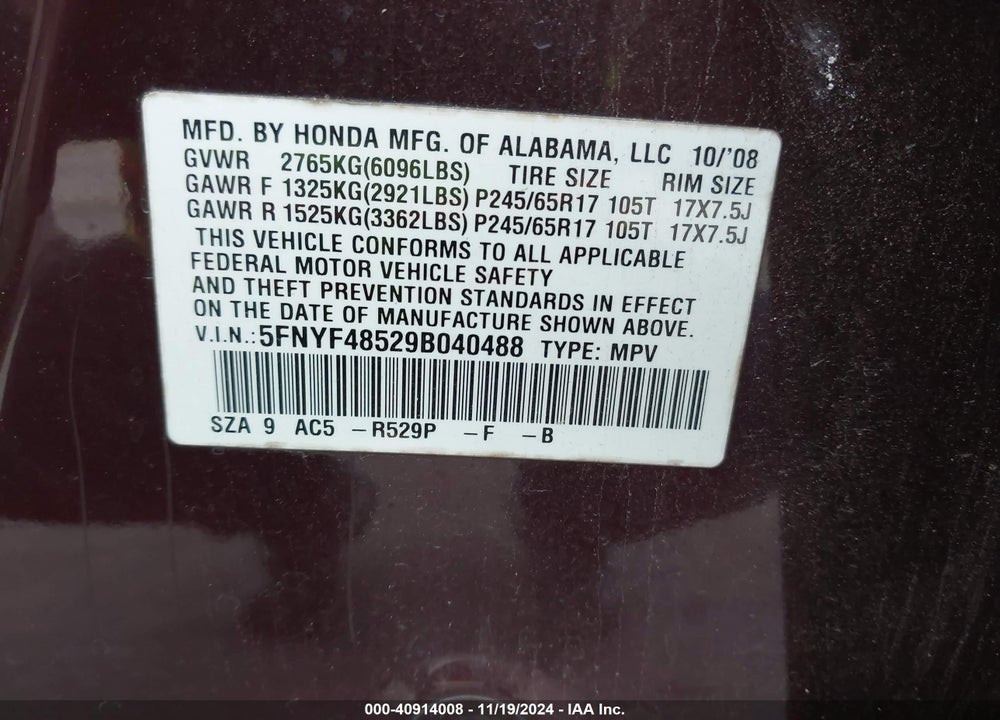 2009 HONDA PILOT EX-L VIN: 5FNYF48529B040488