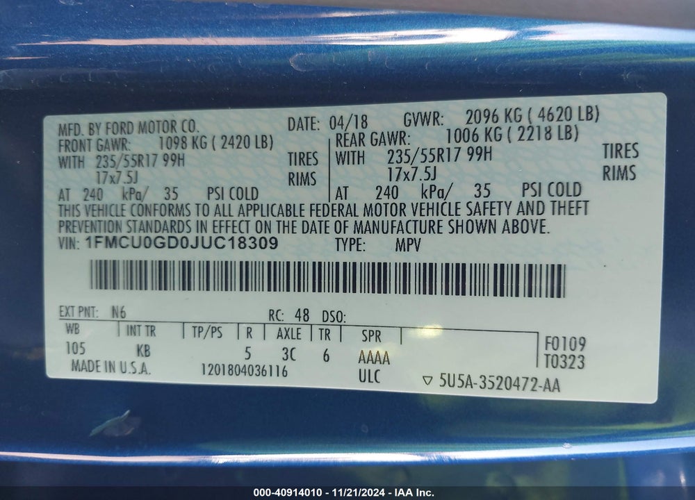 2018 FORD ESCAPE SE VIN: 1FMCU0GD0JUC18309