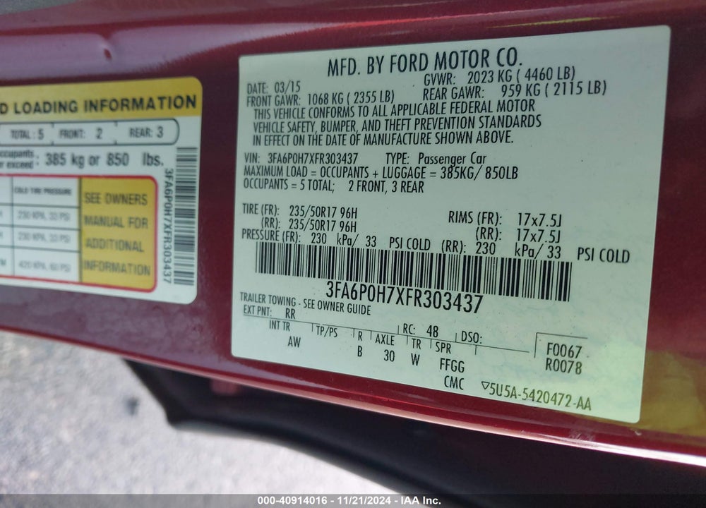 2015 FORD FUSION VIN: 3FA6P0H7XFR303437