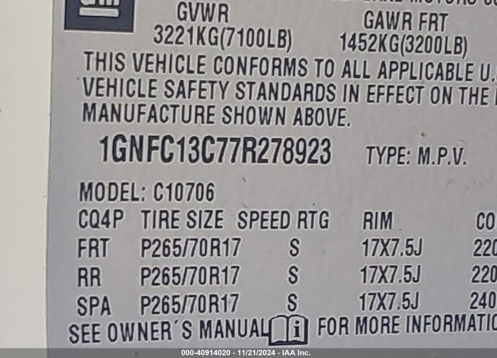 2007 CHEVROLET TAHOE LS VIN: 1GNFC13C77R278923