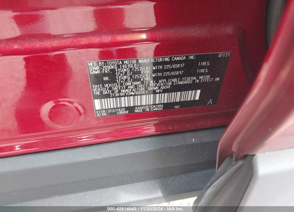 2021 TOYOTA RAV4 LE VIN: 2T3H1RFV2MW166061