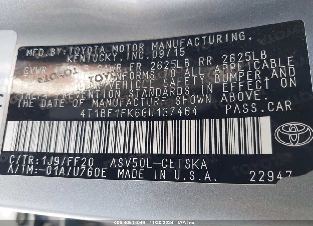 2016 TOYOTA CAMRY SE VIN: 4T1BF1FK6GU137464