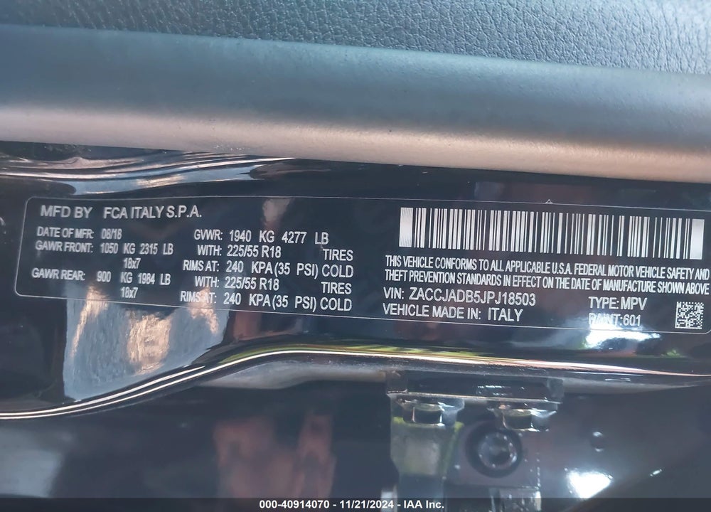 2018 JEEP RENEGADE LIMITED FWD VIN: ZACCJADB5JPJ18503