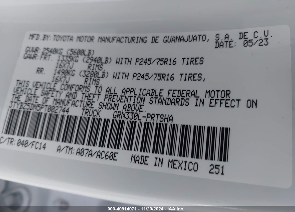 2023 TOYOTA TACOMA SR5 V6 VIN: 3TYBZ5DN5PT002744