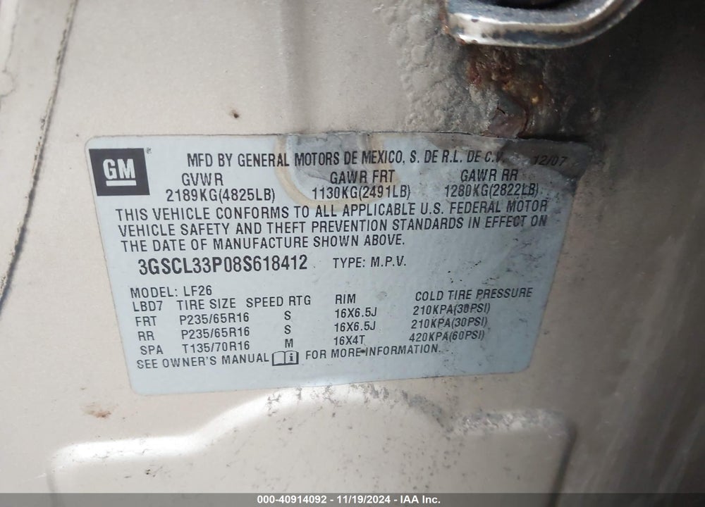 2008 SATURN VUE 4-CYL XE VIN: 3GSCL33P08S618412