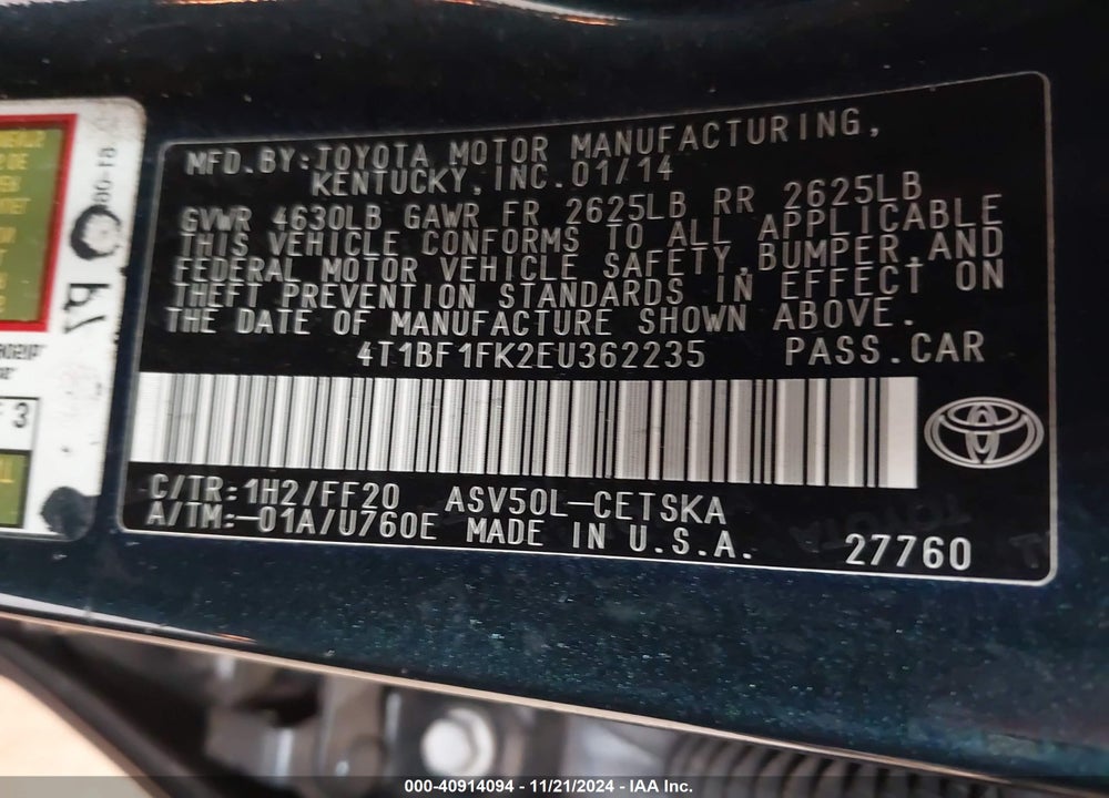 2014 TOYOTA CAMRY SE VIN: 4T1BF1FK2EU362235