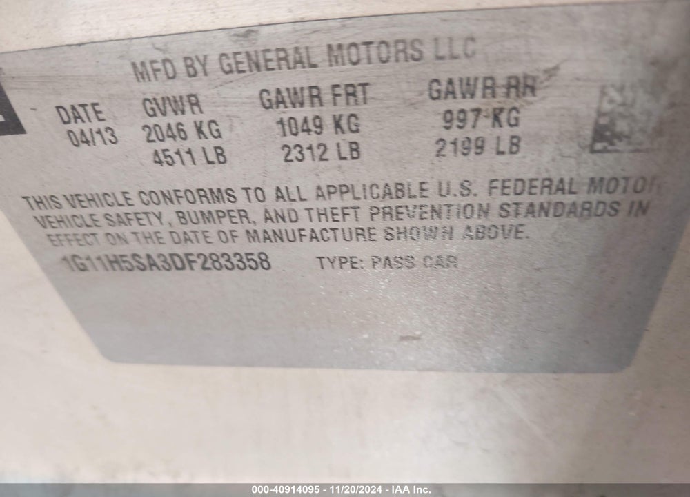 2013 CHEVROLET MALIBU 1LZ VIN: 1G11H5SA3DF283358