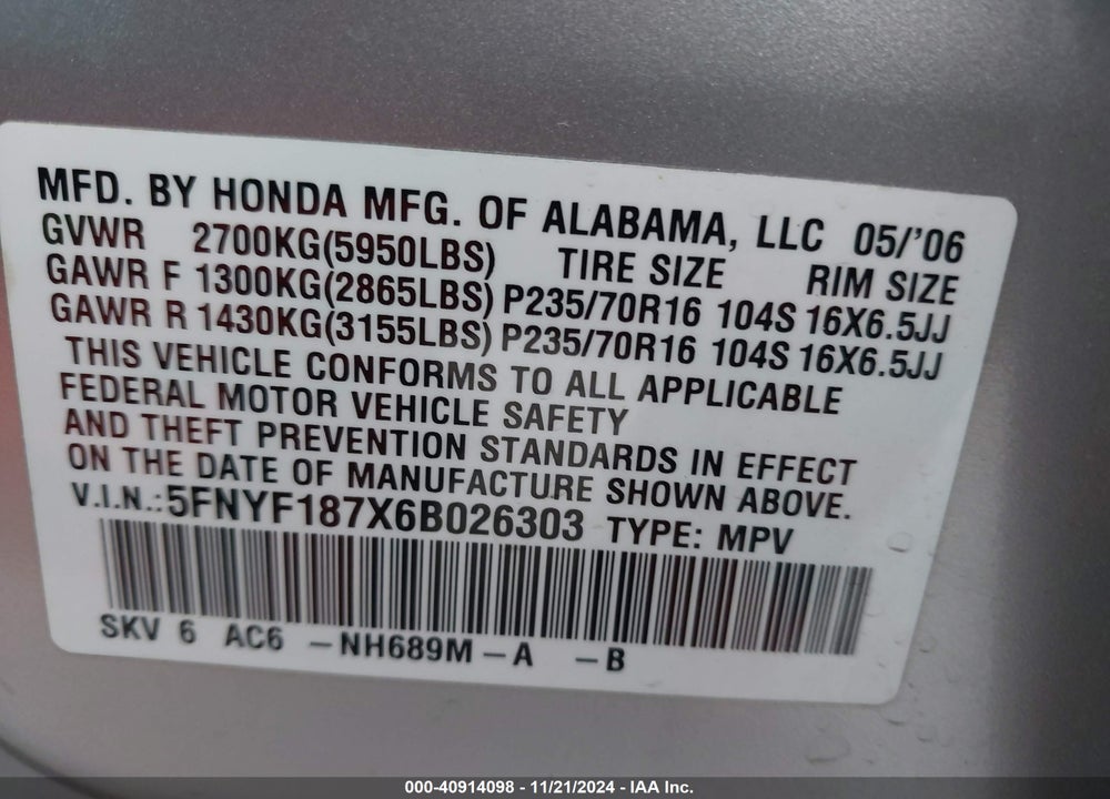 2006 HONDA PILOT EX-L VIN: 5FNYF187X6B026303