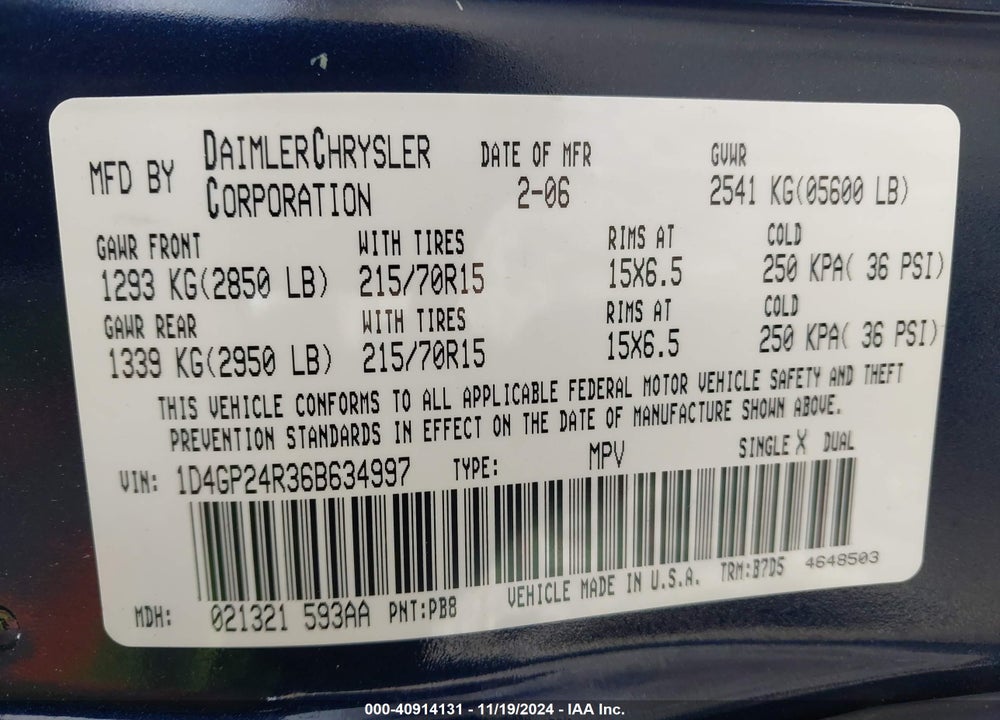 2006 DODGE GRAND CARAVAN SE VIN: 1D4GP24R36B634997