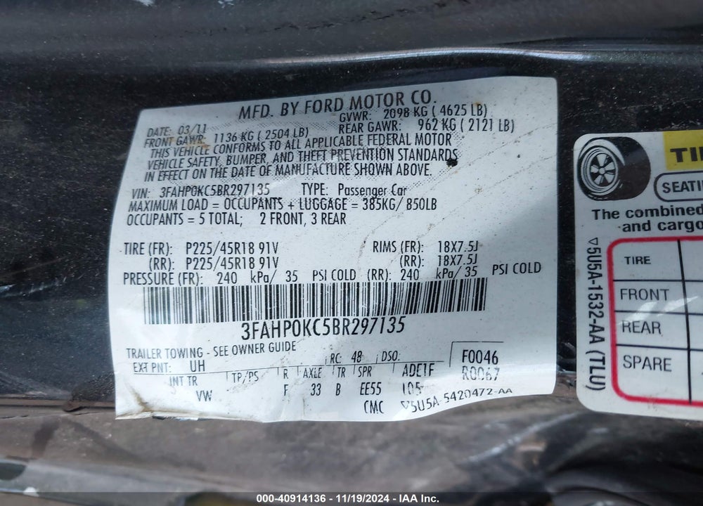 2011 FORD FUSION SPORT VIN: 3FAHP0KC5BR297135