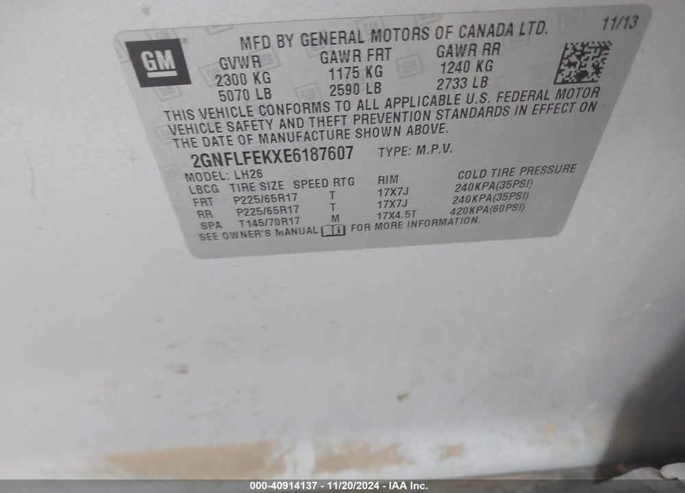 2014 CHEVROLET EQUINOX 1LT VIN: 2GNFLFEKXE6187607