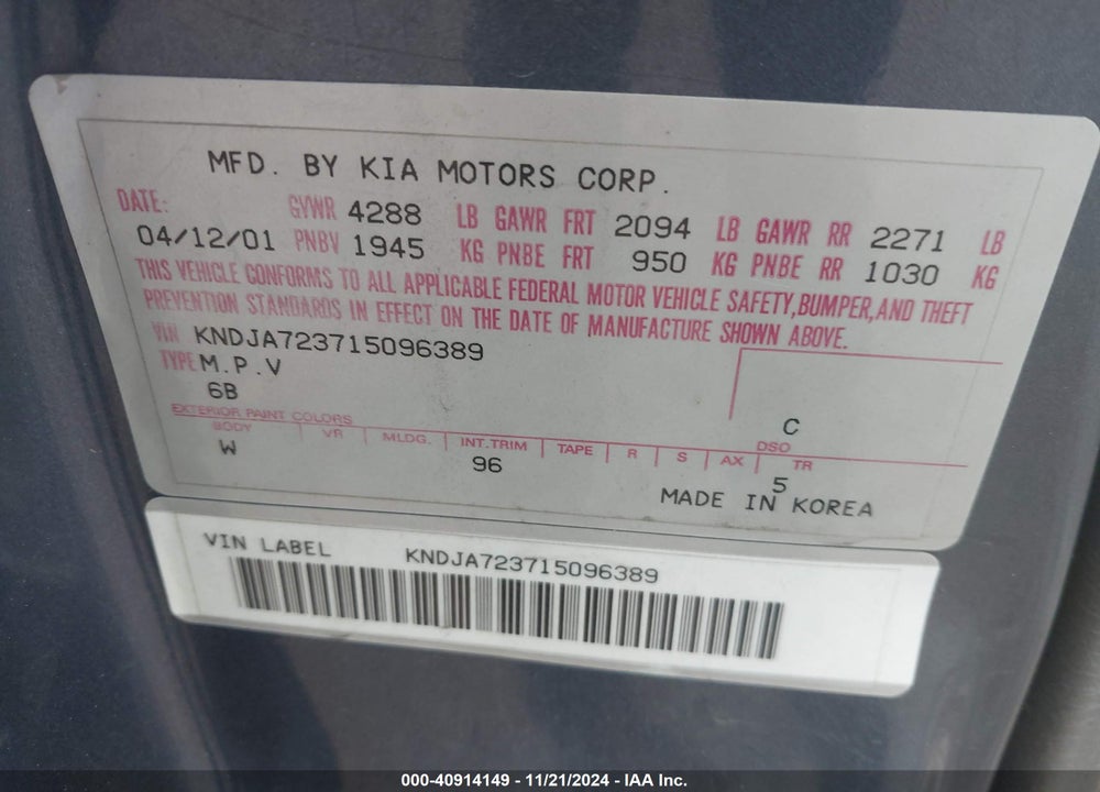 2001 KIA SPORTAGE EX/LIMITED VIN: KNDJA723715096389