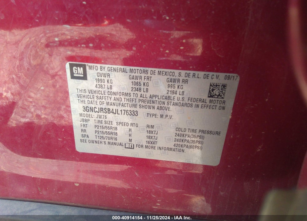 2018 CHEVROLET TRAX PREMIER VIN: 3GNCJRSB4JL176333