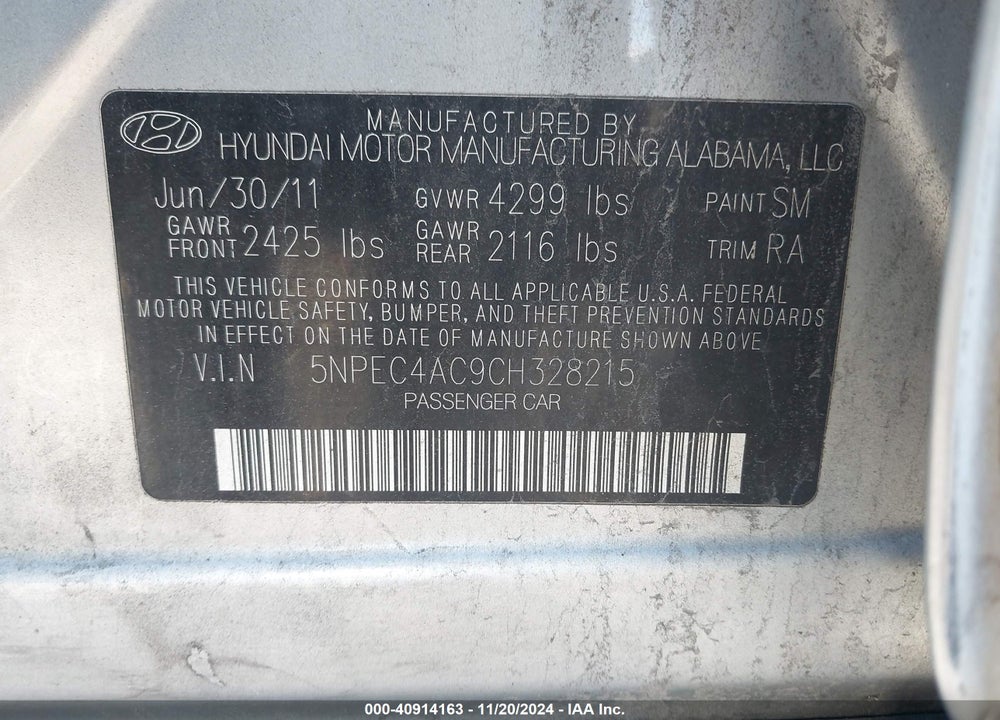 2012 HYUNDAI SONATA LIMITED VIN: 5NPEC4AC9CH328215