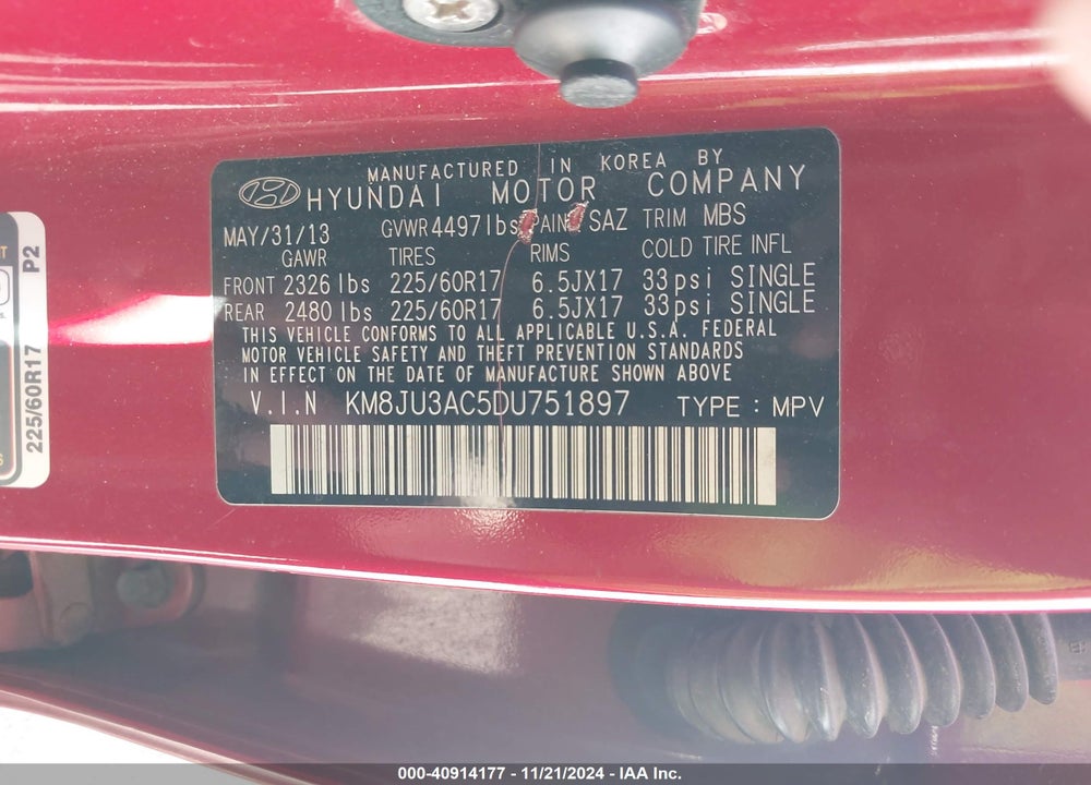 2013 HYUNDAI TUCSON GLS VIN: KM8JU3AC5DU751897