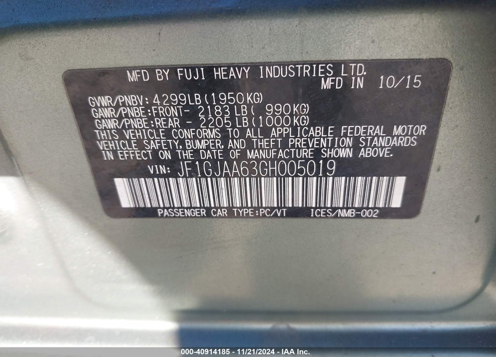 2016 SUBARU IMPREZA 2.0I VIN: JF1GJAA63GH005019