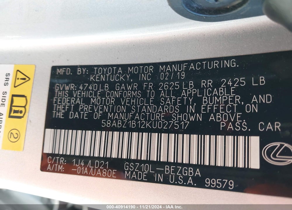 2019 LEXUS ES 350 VIN: 58ABZ1B12KU027517