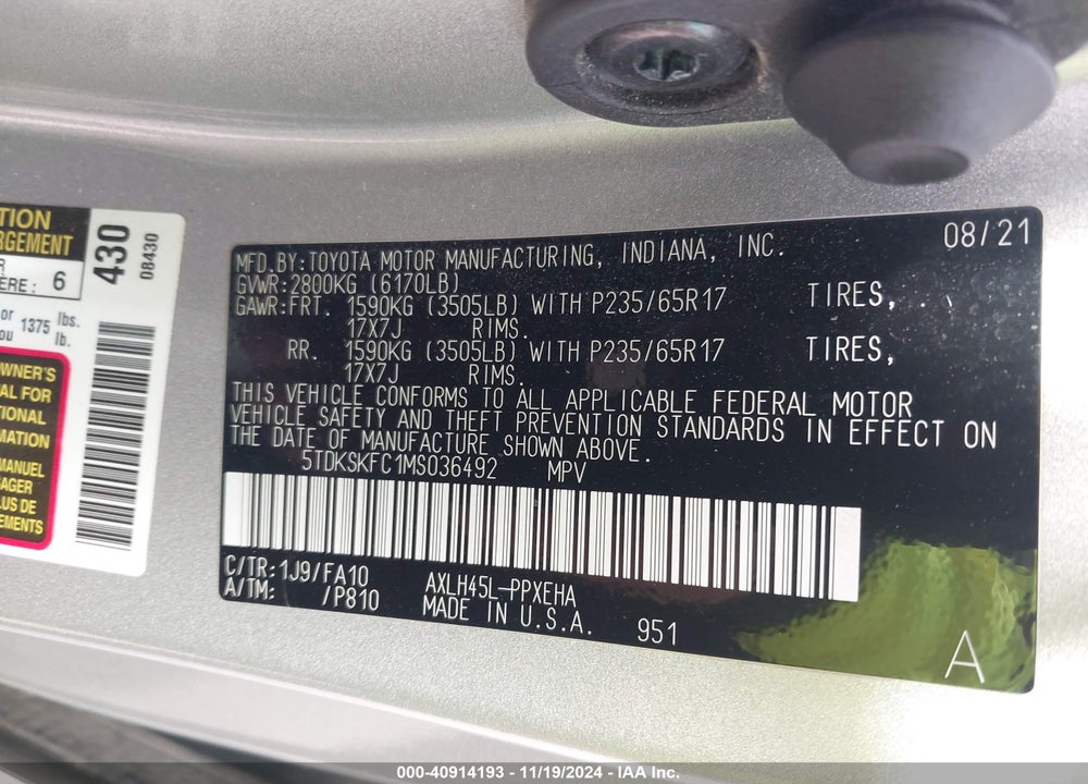 2021 TOYOTA SIENNA LE VIN: 5TDKSKFC1MS036492